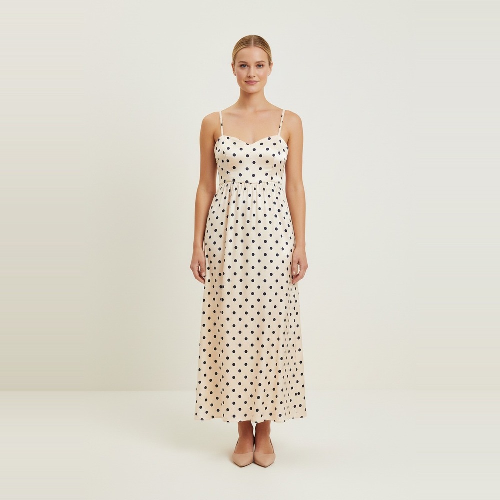 Rhea & Thea Cream Navy Polka Dot Satin Maxi Dress Sweetheart Spaghetti Strap M